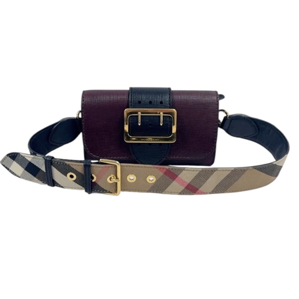 Burberry Buckle Leather Crossbody Wallet Burgundy Black Nova Check Strap COA